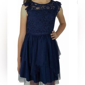 Zunie Girl Lightweight Lace To Mesh Knee Length Dress - Navy Blue, Size 4/5